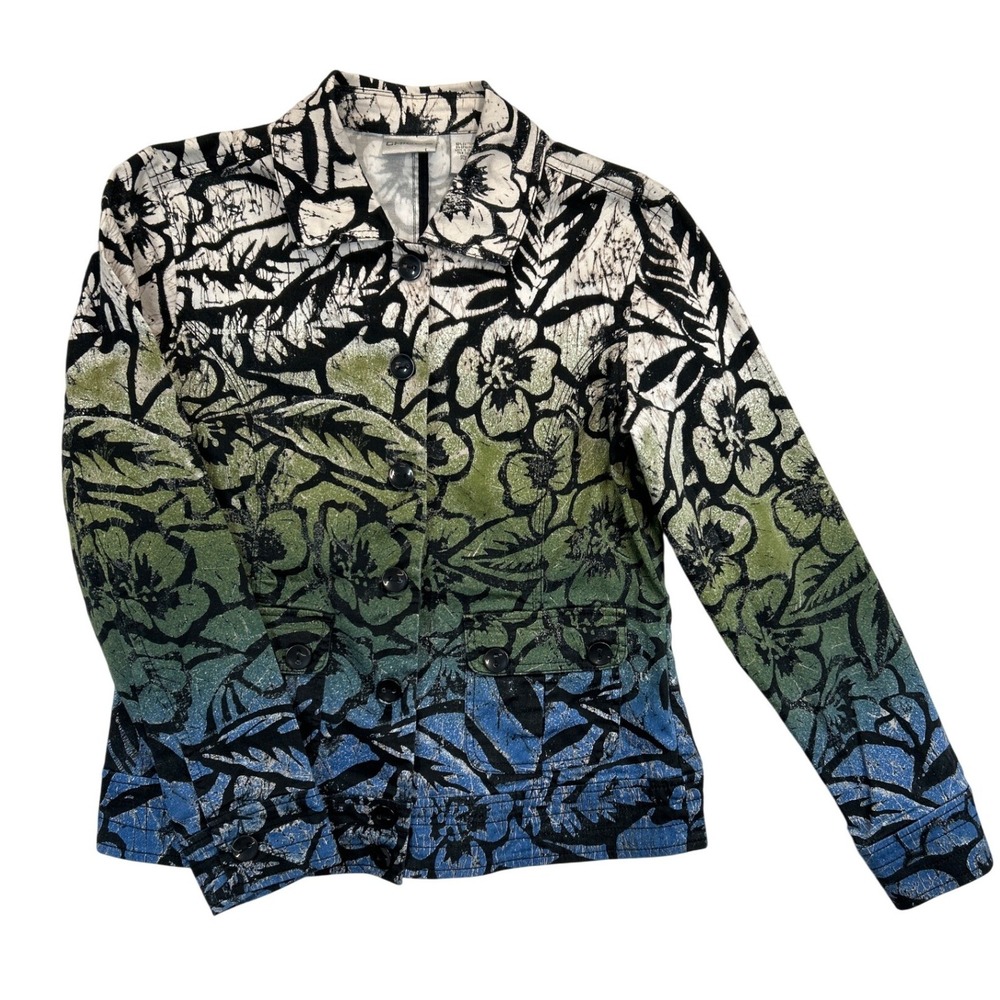 Chico's Jacket Women Size 0 XS Ombre Floral Print Long Sleeve Button Front